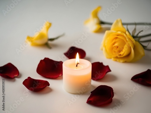 lit candle surrounded by rose petals yellow flowers. photo