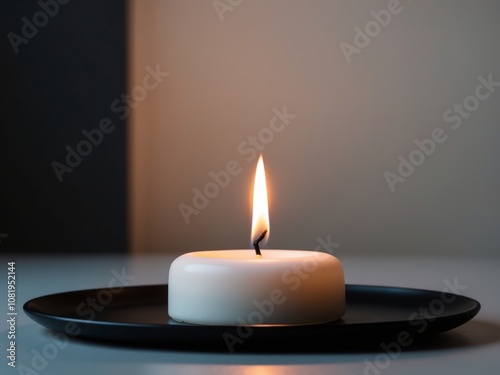 minimal single white candle burns brightly on black tray.