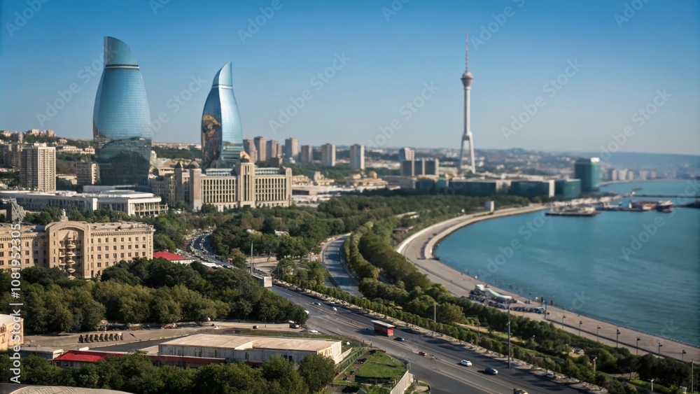 Fototapeta premium Stunning Tilt-Shift Photography of Baku's Endless Skyline with Iconic Flame Towers and Caspian Sea Views, Capturing the Modern Architecture and Vibrant City Life