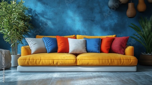 Yellow sofa with colorful pillows in a living room with blue wall.