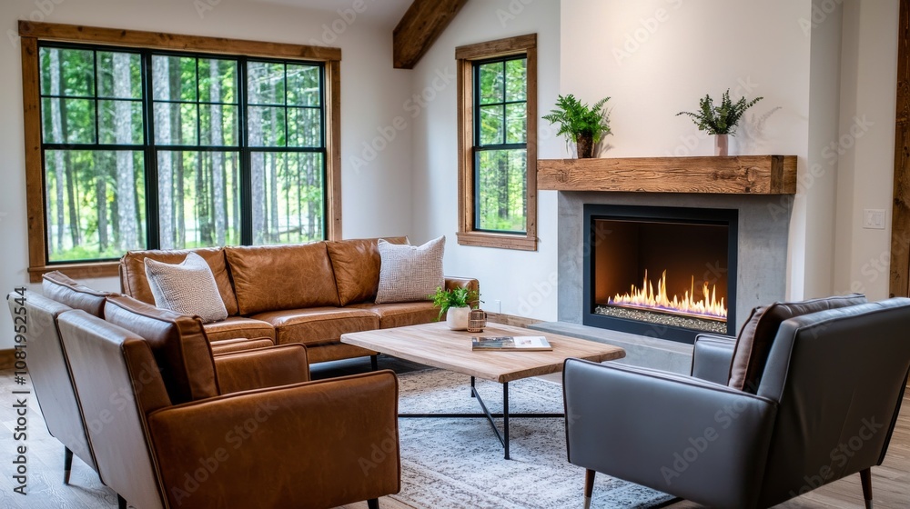 Fototapeta premium A cozy living room featuring a fireplace, wooden accents, inviting seating, and large windows with a view of greenery.