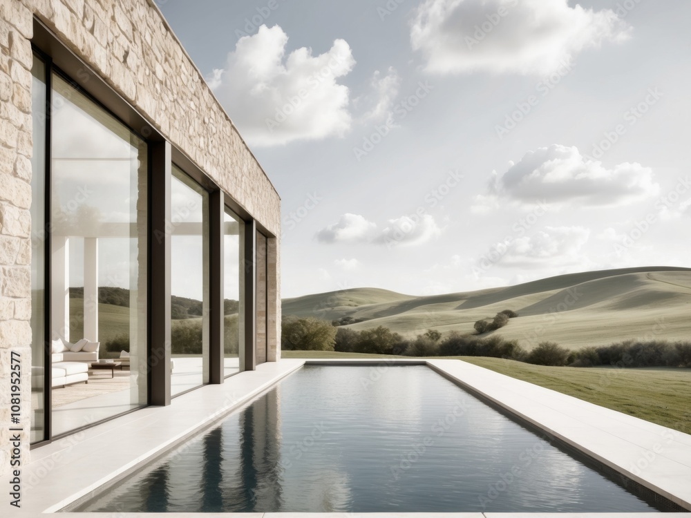 Obraz premium Modern stone house with large windows and pool overlooking a scenic hillside landscape.