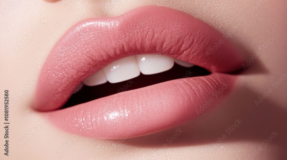 Close-Up of Beautiful Lips with Glossy Pink Lipstick, Perfectly Shaped Teeth in Natural Light, Ideal for Beauty and Cosmetic Product Promotion, Fashion and Makeup Close-Up of Beautiful Lips with Glossy Pink Lipstick, Perfectly Shaped Teeth in Natural Light, Ideal for Beauty and Cosmetic Product Promotion, Fashion and Makeup