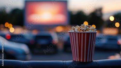 Red and White Striped Popcorn Cup at Outdoor Cinema with Blurred Screen and Parked Cars in Evening photo