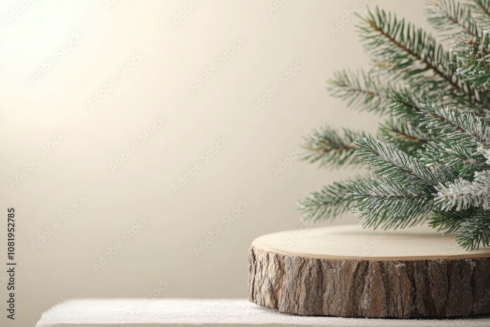 Minimal. Christmas background with a podium for a product presentation . The pedestal is made of natural wood with decorated branches of the Christmas tree. with generative ai Minimal. Christmas background with a podium for a product presentation . The pedestal is made of natural wood with decorated branches of the Christmas tree. with generative ai
