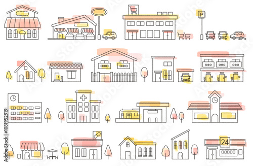 街並み・建物のベクターイラスト線画（ピンク系水彩風）