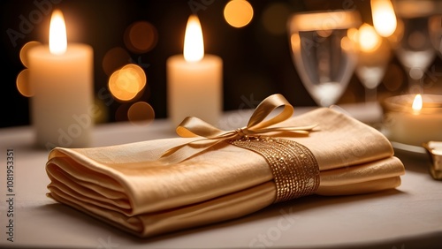 Luxurious Gold Edged Napkins and Candle for Warm Celebration Vibes photo