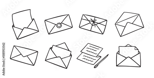 Doodle cute mail outline letters and envelope set. Hand drawn outline mail icon. Mail collection