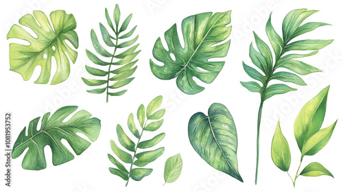 Watercolor Tropical Leaves Set   Monstera  Palm  Fern  Green Foliage  Jungle Plants  Illus
