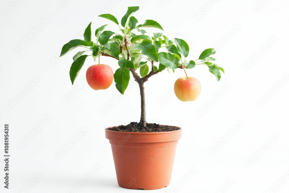Apple tree with two apples in a pot. Apple tree with two apples in a pot.