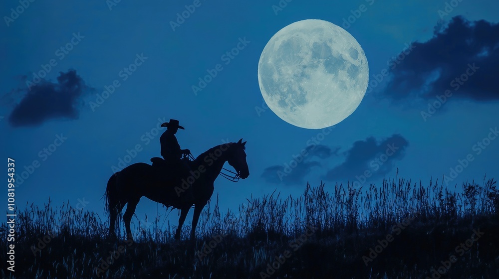 Cowboy Silhouette on Horseback Against Full Moon in Night Sky, Blue Moonlit Western Scene Cowboy Silhouette on Horseback Against Full Moon in Night Sky, Blue Moonlit Western Scene