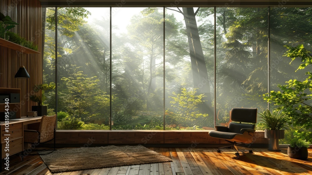 Minimalist study space with a large window view of nature Minimalist study space with a large window view of nature