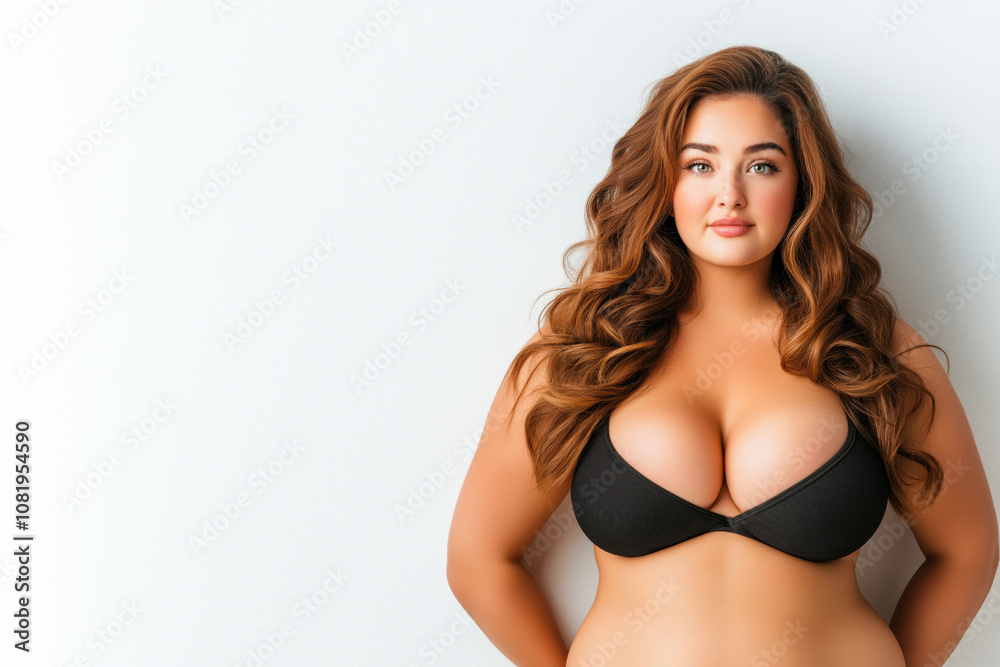 A full-length portrait of a sad overweight girl in a black top standing against a plain white wall A full-length portrait of a sad overweight girl in a black top standing against a plain white wall