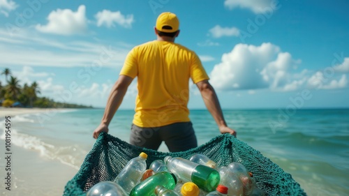 Ocean plastic cleanup. A person in a yellow shirt collects plastic waste from the beach, promoting environmental awareness and ocean cleanup efforts against pollution.