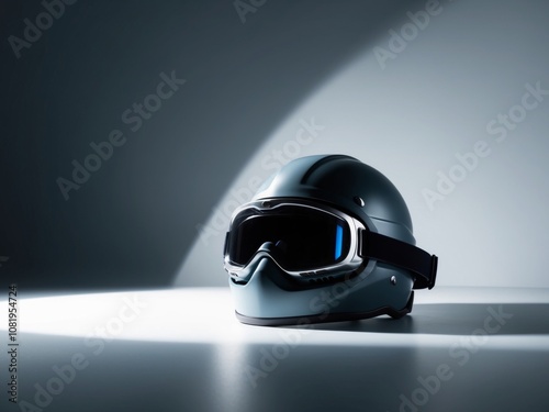 This unique safety helmet with goggles inspires adventure and exploration under dramatic lighting. photo