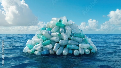 Ocean plastic cleanup. A pile of plastic bottles floats on ocean water, highlighting environmental pollution and the urgent need for ocean conservation.
