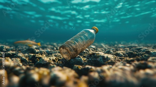 Ocean plastic cleanup. A plastic bottle rests on the ocean floor among rocks, highlighting marine pollution and its impact on underwater ecosystems.