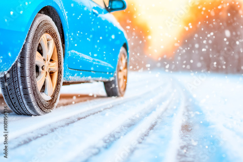 Car navigating through heavy snowfall on a wet road during winter, showcasing challenging driving conditions