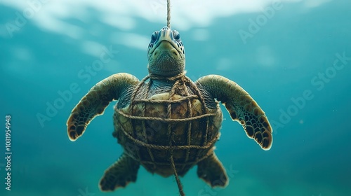 Ocean plastic cleanup. A turtle struggles underwater, entangled in a fishing net, highlighting the urgent issue of marine pollution and wildlife conservation.