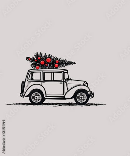PrintCar with Christmas Tree and .A truck with a Christmas tree in the black Vector, styled in a way reminiscent of Christma