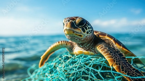 Ocean plastic cleanup. A sea turtle rests on a fishing net, showcasing the impact of marine pollution on wildlife against a beautiful ocean backdrop.