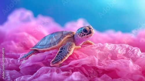 Ocean plastic cleanup. A charming sea turtle rests atop vibrant pink coral, showcasing the beauty of marine life in a colorful underwater setting.