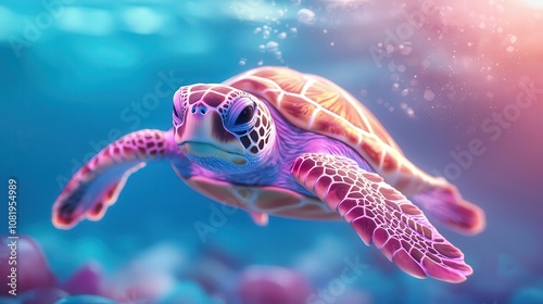 Ocean plastic cleanup. A vibrant, digitally rendered sea turtle gliding through a colorful underwater scene filled with bubbles and corals.