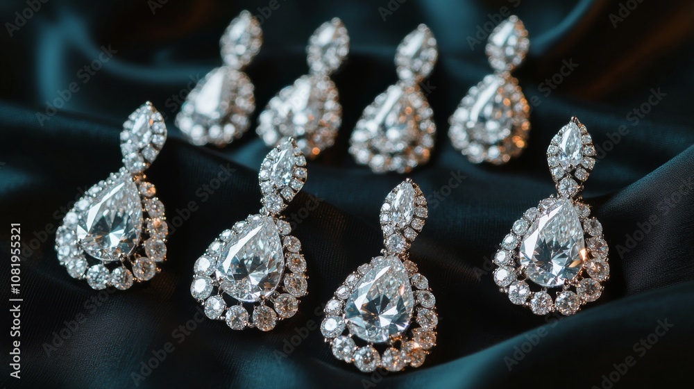 Elegant Display of Luxurious Diamond Earrings Glimmering on Soft Satin Fabric, Capturing the Essence of Glamour and Sophistication in Jewelry Design Elegant Display of Luxurious Diamond Earrings Glimmering on Soft Satin Fabric, Capturing the Essence of Glamour and Sophistication in Jewelry Design