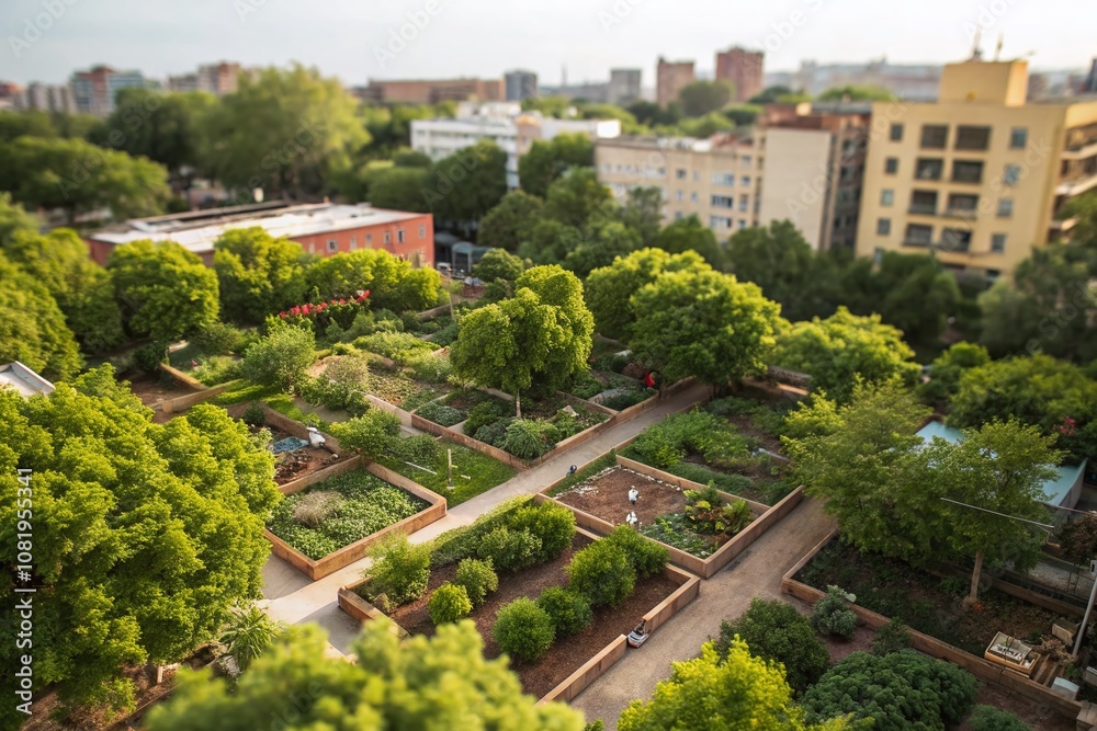 Surreal Aerial View of Urban Raised Bed Vegetable Garden Surrounded by Lush Trees in a City Permaculture Setting with Multiple Garden Beds Surreal Aerial View of Urban Raised Bed Vegetable Garden Surrounded by Lush Trees in a City Permaculture Setting with Multiple Garden Beds