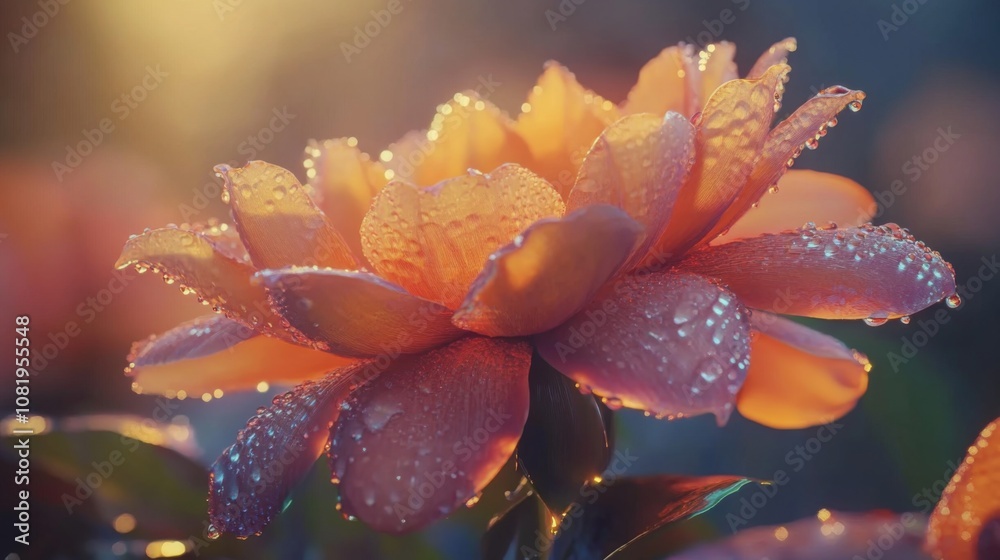 Beautiful close-up of a vibrant orange lotus flower adorned with dew drops, illuminated by soft sunlight, showcasing nature's delicate beauty and serenity in a dreamy setting. Beautiful close-up of a vibrant orange lotus flower adorned with dew drops, illuminated by soft sunlight, showcasing nature's delicate beauty and serenity in a dreamy setting.