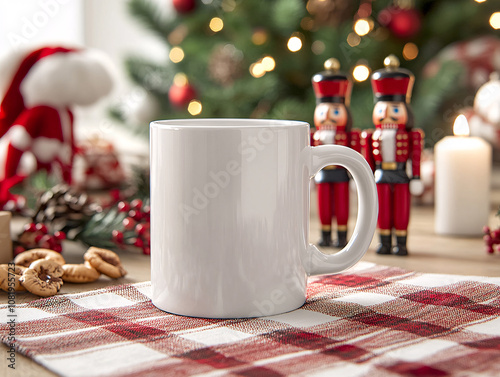 White ceramic tea mug mockup with Santa toy, winter x-mas decorations and copy space for your imprint. Front view 10oz cup background for Christmas promotional content
 photo