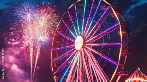 Ferris wheel glowing with rainbow colors against a sky filled with colorful fireworks, capturing a magical evening celebration