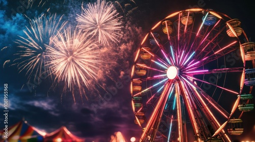 Ferris wheel glowing with rainbow colors against a sky filled with colorful fireworks, capturing a magical evening celebration