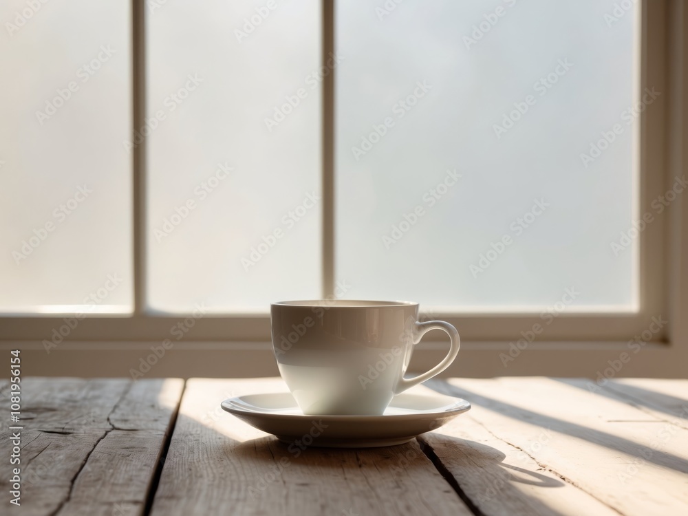 A white coffee cup sitting on a wooden table next to a window. A white coffee cup sitting on a wooden table next to a window.