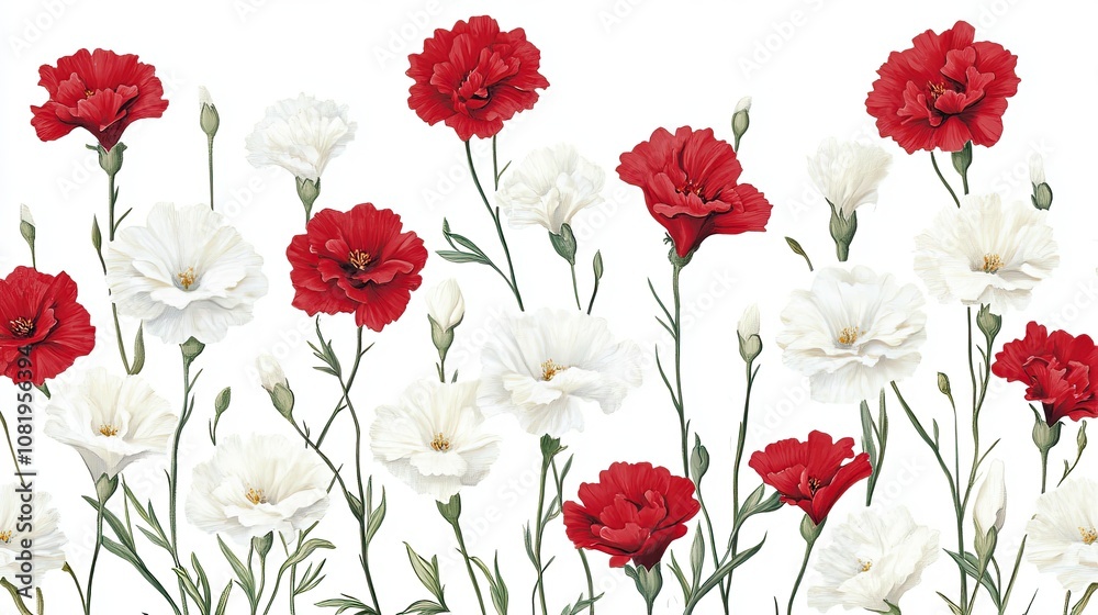 Fototapeta premium Blank greeting card with a bouquet of red and white carnations on a white background, ready for personalized holiday or celebration messages.