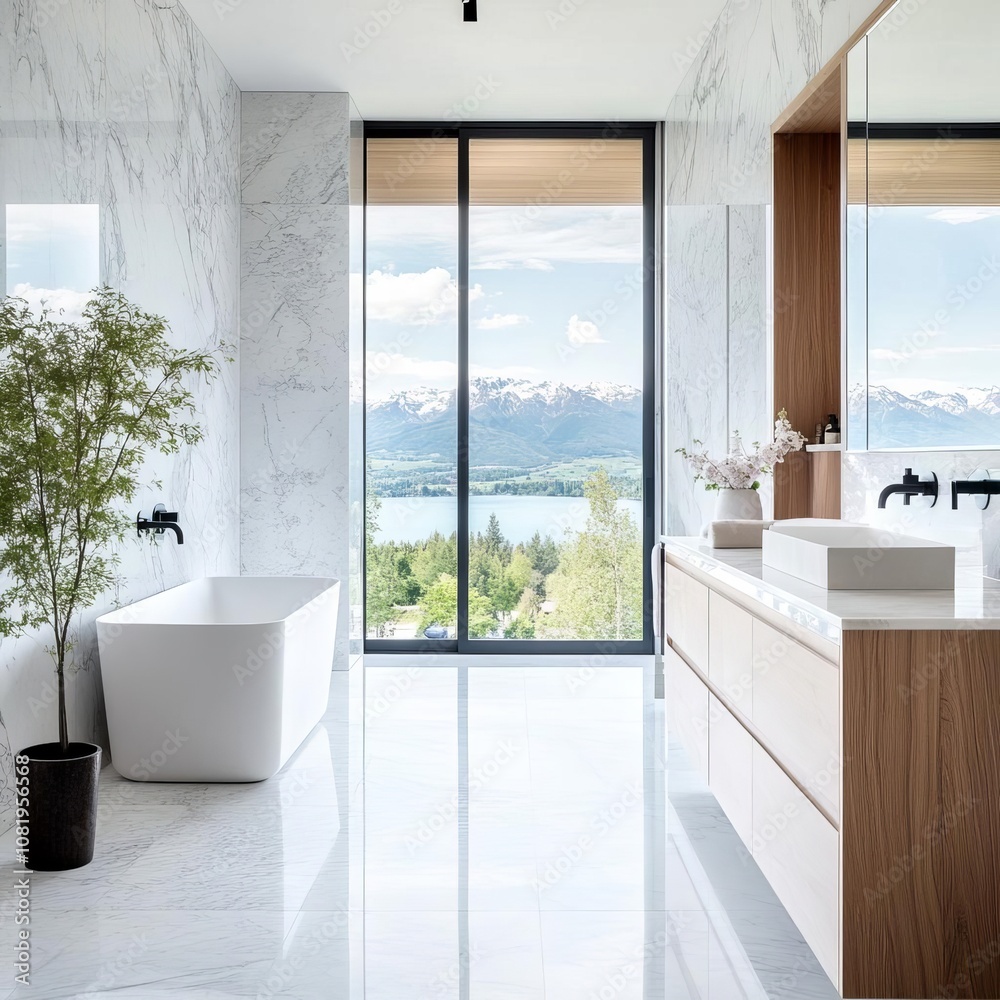 Marble bathroom with a large window, overlooking a scenic view, serene, elegant Marble bathroom with a large window, overlooking a scenic view, serene, elegant