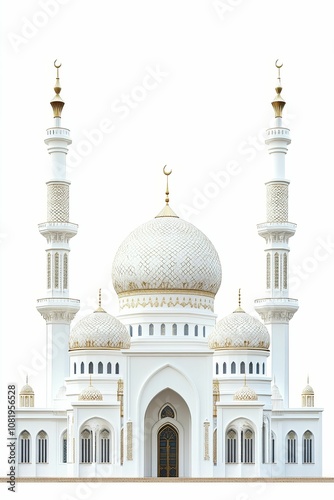 White mosque with gold details and minarets.