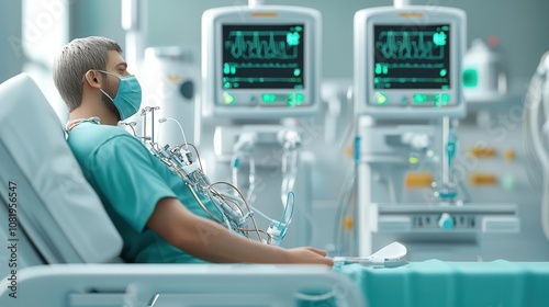 Patient in dialysis treatment, medical devices, serene atmosphere, 3D illustration