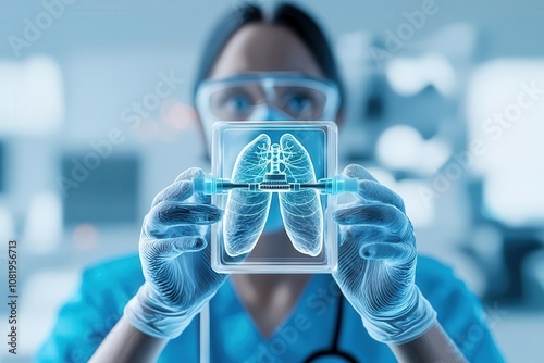 Patient using inhaler, asthma treatment, bright clinical background, 3D illustration photo