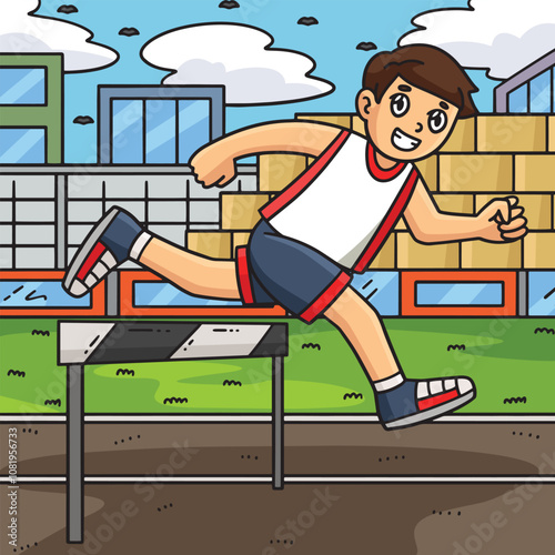 Track and Field Athlete Jumping Hurdle Colored 