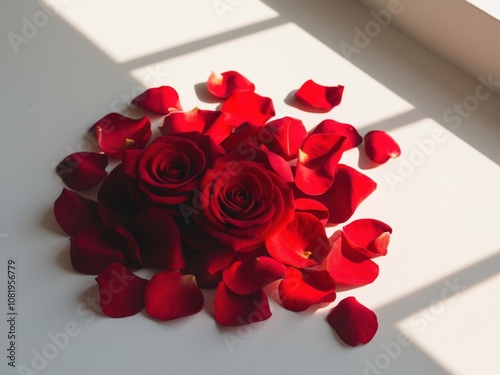 beautiful vibrant red rose petals clustered scattered together with soft lighting for valentines day love celebration. photo