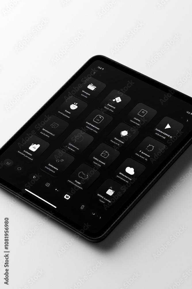 Minimalistic app interface on a tablet mockup, displayed with a soft-focus gray background to highlight design details Minimalistic app interface on a tablet mockup, displayed with a soft-focus gray background to highlight design details