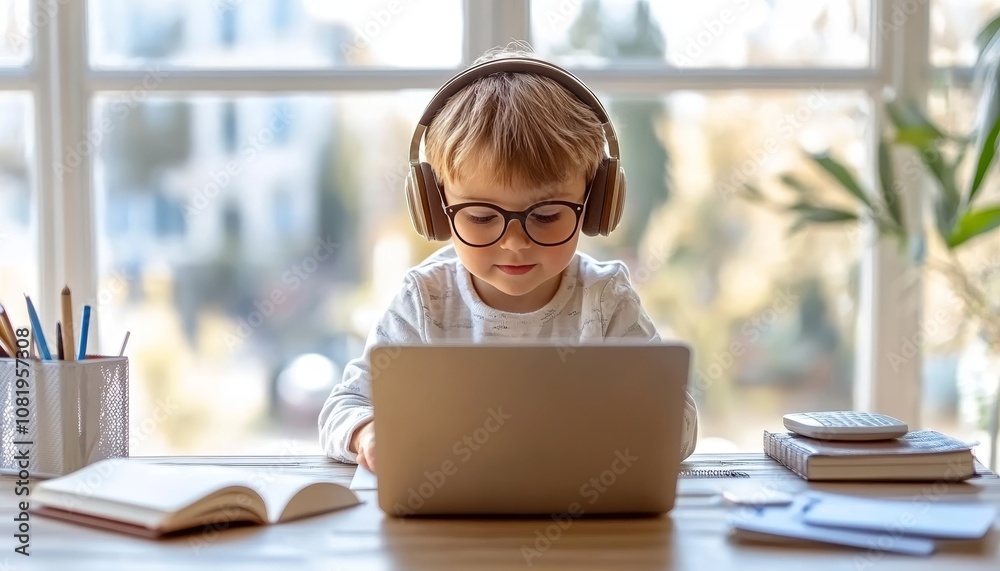 Young boy in headphones and glasses using laptop for online learning at home, homeschooling concept. Young boy in headphones and glasses using laptop for online learning at home, homeschooling concept.