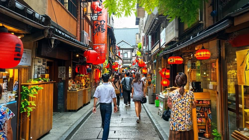 Exploring the Vibrant Streets of a Traditional Market Filled With Red Lanterns in Japan During a Sunny Afternoon