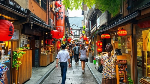 Exploring the Vibrant Streets of a Traditional Market Filled With Red Lanterns in Japan During a Sunny Afternoon