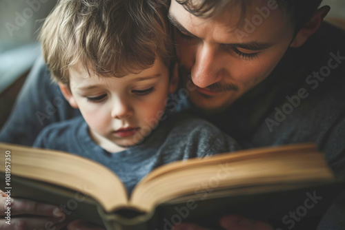 Father and son reading a book