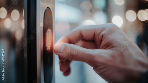 Immediate Security Concept A hand pressing a button on a modern elevator panel, with illuminated digits, set against a blurred background of bright, ambient lights.