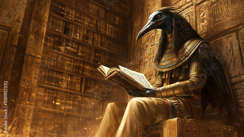 Ancient Egyptian god Thoth, with an ibis head, sits in a golden temple, reading a papyrus scroll, surrounded by hieroglyphs. photo