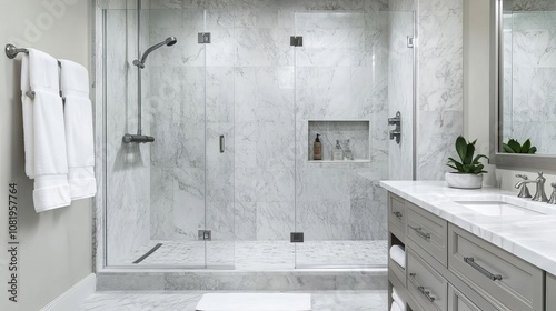 Marble bathroom with oversized walk-in shower and dual showerheads, luxury, spacious photo