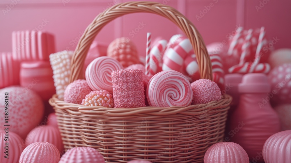 A basket filled with pink and white candies and sweets. A basket filled with pink and white candies and sweets.